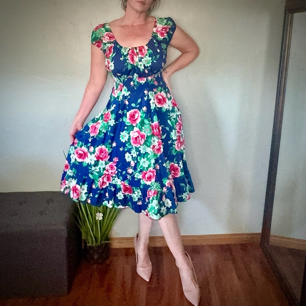 Sara USA Blue w/ Pink Floral Scoop-Neck Off Shoulder Stretch Waist Swing Dress